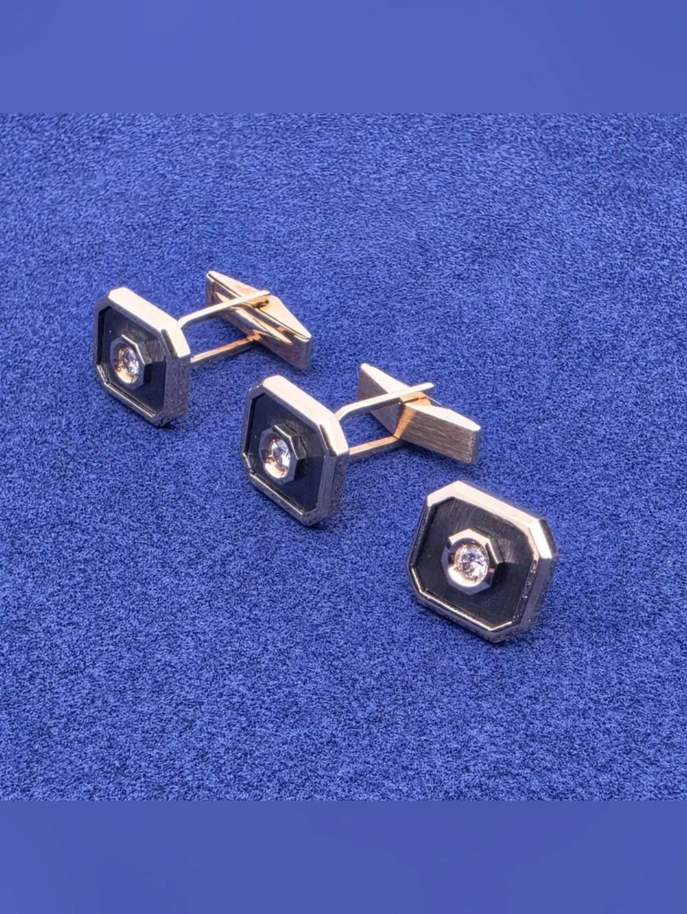 Vintage LeMans 14k Gold Diamond Cufflinks & Tie Tack Shirt Stud Tuxedo Dress Set